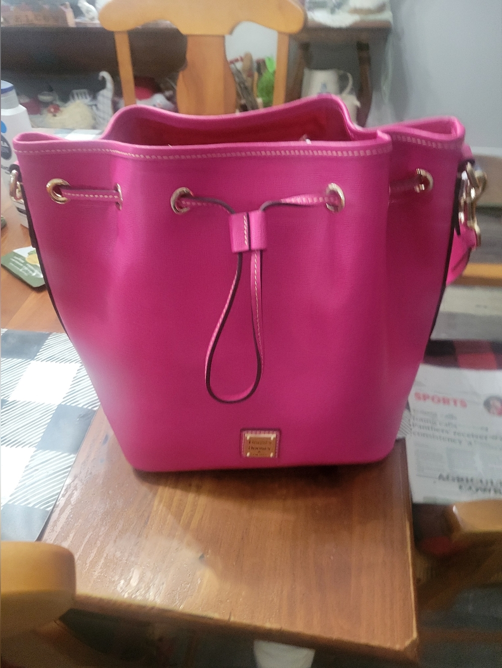 Dooney & Bourke Saffiano Leather Drawstring Bucket Bag Fuchsia